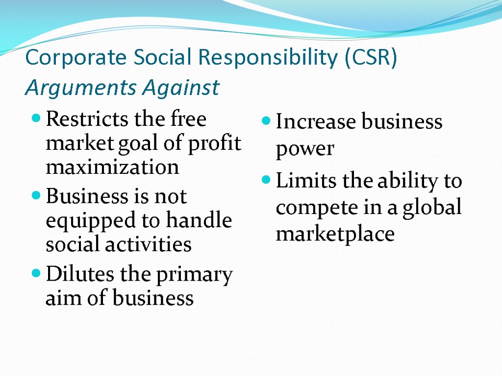 Corporate Social Responsibility (CSR) Arguments Against Restricts the free market goal of profit maximization